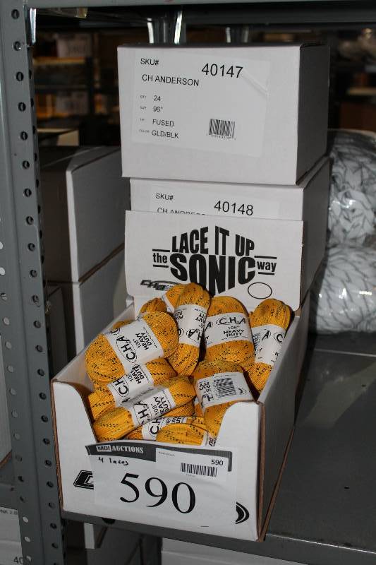 lot 590 image: Box Lot of (4) C.H.A. Ultra Lace Sonic Tips Hockey Laces 96 Fused GoldBlack app. 24perBox.