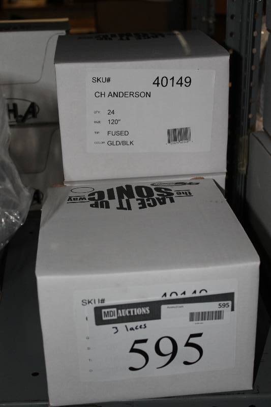 lot 595 image: Box Lot of (3) C.H.A. Ultra Lace Sonic Tips Hockey Laces 120 Fused GoldBlack app. 24perBox.