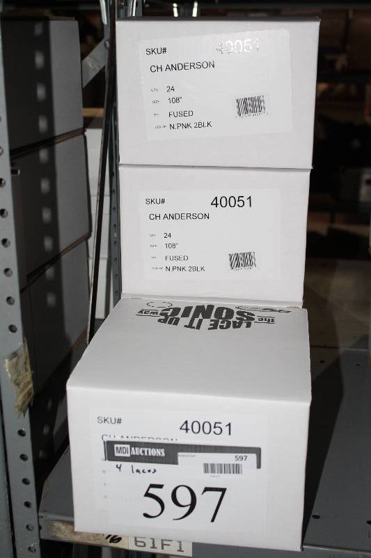 lot 597 image: Box Lot of (4) C.H.A. Ultra Lace Sonic Tips Hockey Laces 108 FusedPinkBlack app. 24perBox.