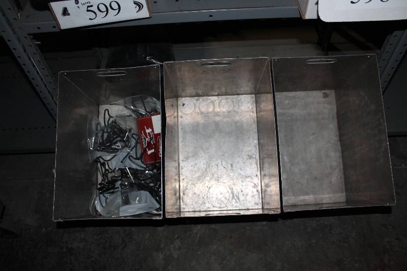 lot 600 image: Metal Shelf wBins Metal Bins wHandles (3) Hangers & Plastic Holders.