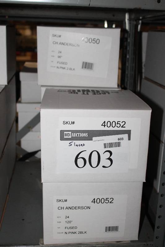 lot 603 image: Box Lot of (5) C.H.A. Ultra Lace Sonic Tips Hockey Laces 120 FusedPinkBlack app. 24perBox.