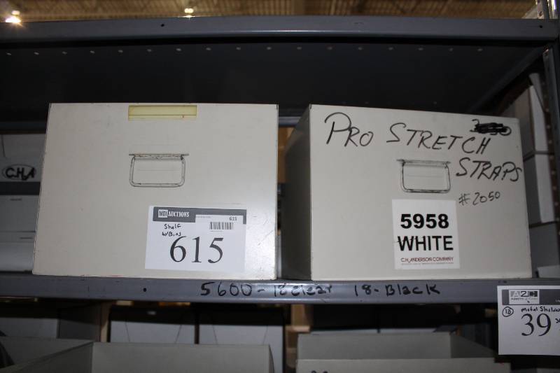 lot 615 image: Shelf Lot Including Dougie Gear C.H.A. Cooper Chin Strap Metal Bins (2).