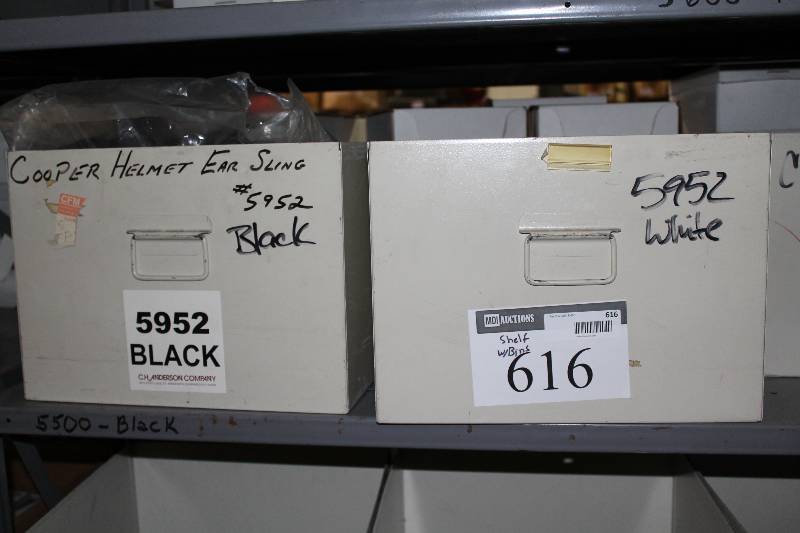 lot 616 image: Shelf Lot Including Metal Bins Cooper Helmet Ear Sling BlackWhite.