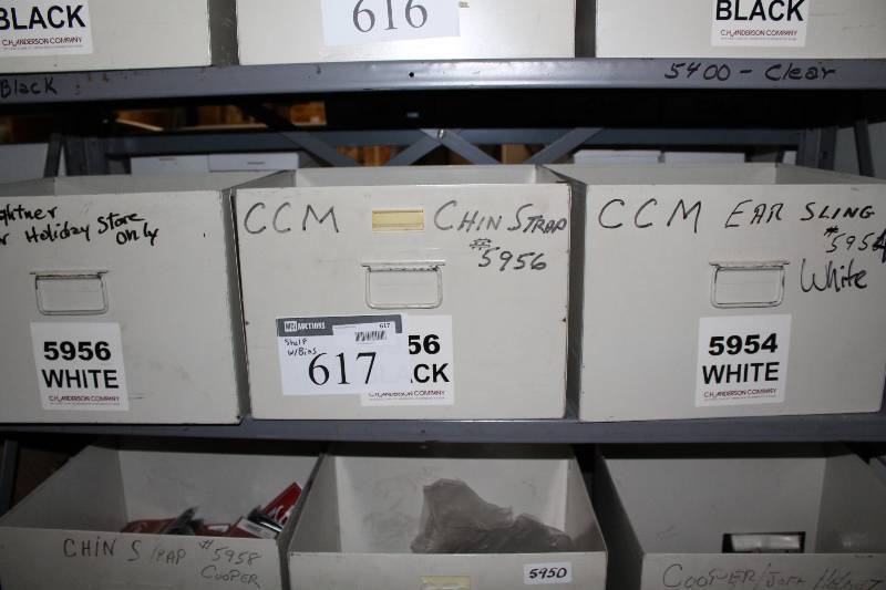 lot 617 image: Shelf Lot Including Metal Bins Cooper Helmet Ear Sling White Chin Strap CCM Ear Sling And More.