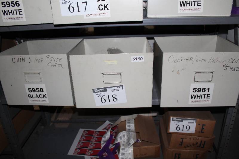 lot 618 image: Shelf Lot Including Metal Bins D.G. Mask Bracket Cooper Chin Strap And More.