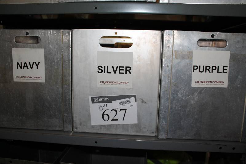 lot 627 image: Shelf Lot Including Hockey Short Strips, SilverPurpleNavy Metal Containers wHandles (3).