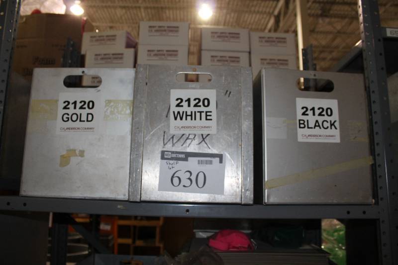 lot 630 image: Shelf Lot Including Hockey Sport Straps GrayYellowRed Metal Bins wHandles (3).