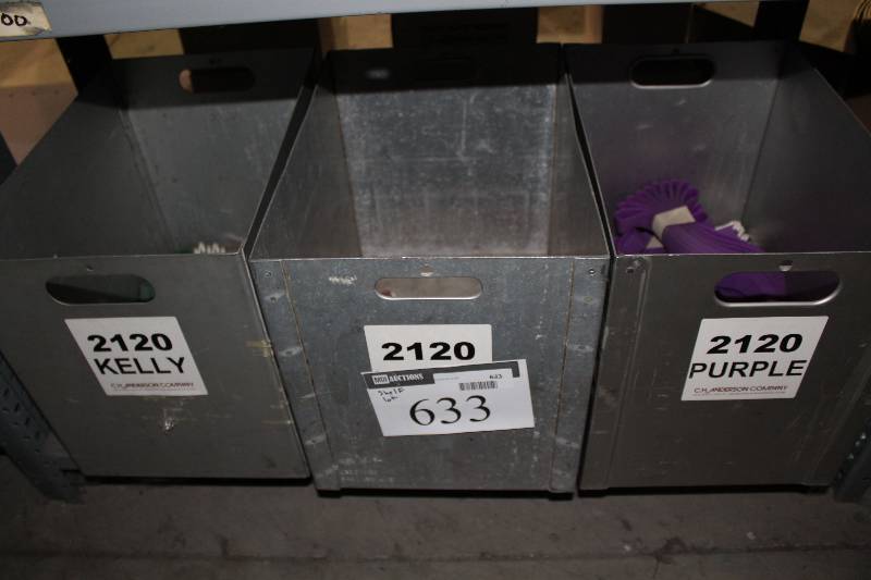 lot 633 image: Shelf Lot Including Hockey Sport Straps Miscellaneous Colors Metal Bins wHandles (3).