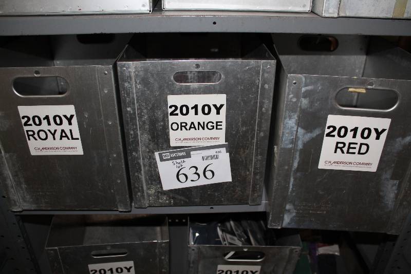 lot 636 image: Shelf Lot Including Hockey Shin Guard Straps Youth Miscellaneous Colors Metal Bins wHandles (3).
