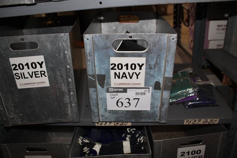 lot 637 image: Shelf Lot Including Hockey Shin Guard Straps Youth Miscellaneous Colors Metal Bins wHandles (3).