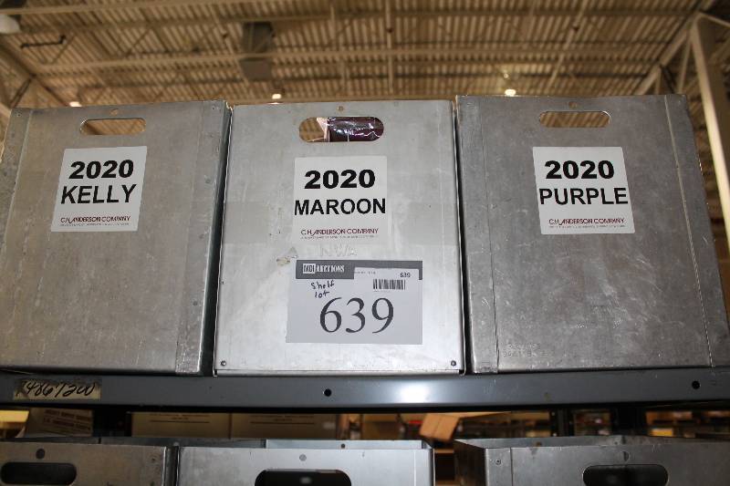 lot 639 image: Shelf Lot Including Hockey Shin Guard Straps Adult Miscellaneous Colors Metal Bins wHandles (3).