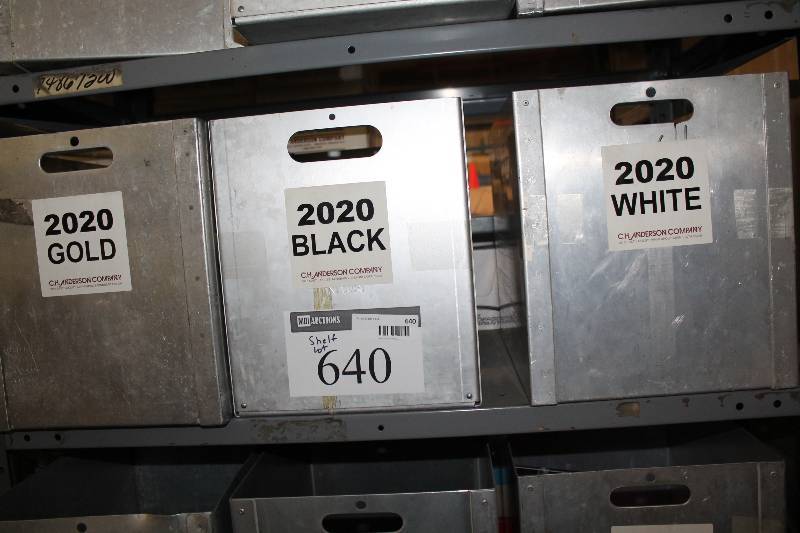 lot 640 image: Shelf Lot Including Hockey Shin Guard Straps Adult Miscellaneous Colors Metal Bins wHandles (3).