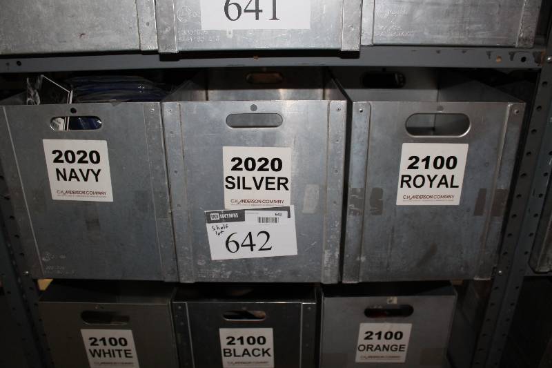 lot 642 image: Shelf Lot Including Hockey Shin Guard Straps Adult Miscellaneous Colors Metal Bins wHandles (3).