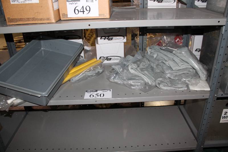 lot 650 image: Shelf Lot Including Plastic Flags, Yellow, Bag of White Gloves Gray Shorts, XLL And More.
