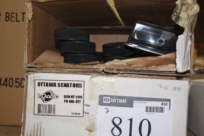 lot 810 image: Box Lot of (2) Ottawa Senators Hockey Pucks wLogo.