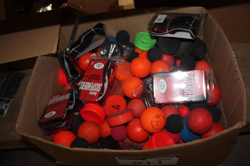 lot 811 image: Box Lot Including Junior Suspenders Hockey Skill Training Balls Plastic Pucks And More.