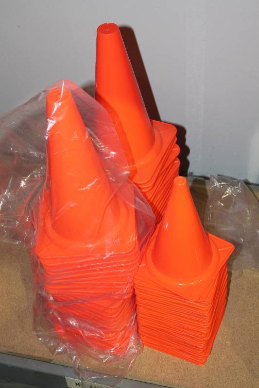 lot 839 image: Lot of (app. 70 ct) Orange Safety Cones Small Size (30) Medium Size (40).