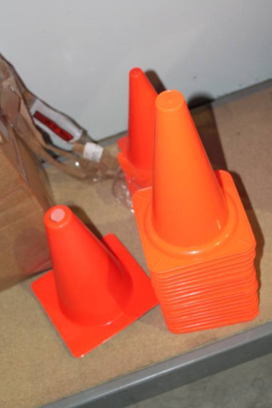 lot 840 image: Lot of (app. 40 ct) Orange Safety Cones Small Size (20) Medium Size (20).