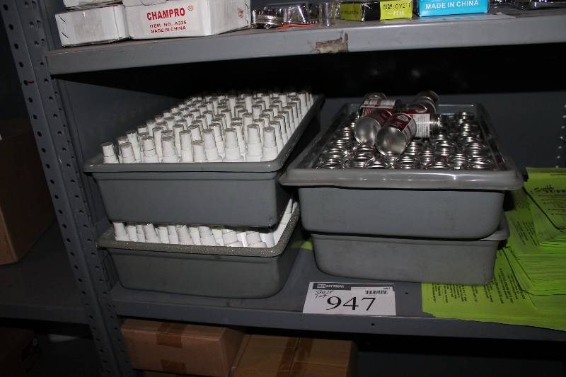 lot 947 image: Shelf Lot Including Plastic Bins (4) Scuff Tuff Protector & Repair Hockey Scents White Plastic Bottles wSpray Lids & Caps.