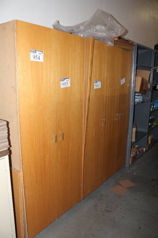 lot 954 image: Wooden Cabinets wDouble Doors & Handles Wood Style 21 x 86.5 x 80 Does Not Include Contents.