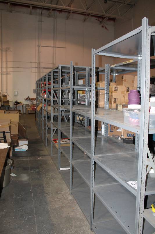 lot 34 image: Lot of (9) Metal Shelving Units 36 x 24 x 87 Contents Not Included.