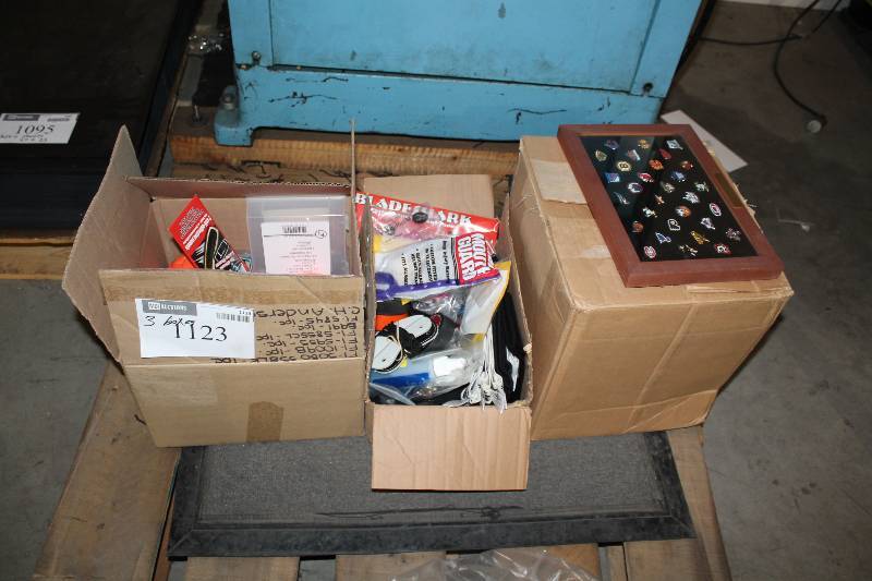 lot 1123 image: Box Lot of (3) Mouth Guard wStrap Soccer Balls Shin Tight Protector Commemorative Hockey Pin Collection Paper Tubes And More.