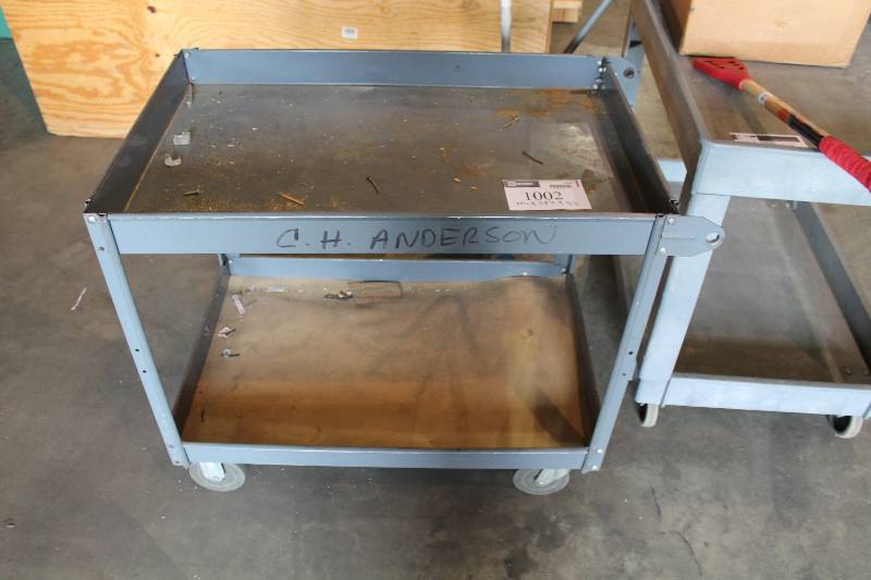 lot 1002 image: Metal Push Cart wHandle & Wheels Lower Shelf 23.5 x 38.5 x 31.5.
