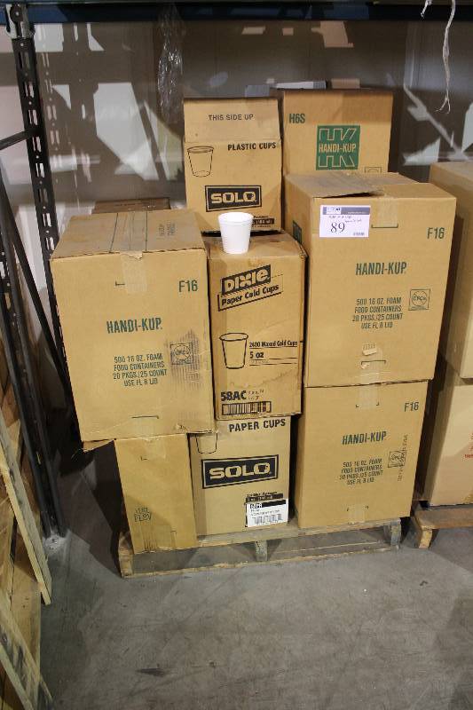 lot 89 image: Pallet Lot of Miscellaneous Cups Including Solo Paper Cups, 3.5oz Waxed Cold Cups, 5oz And More.