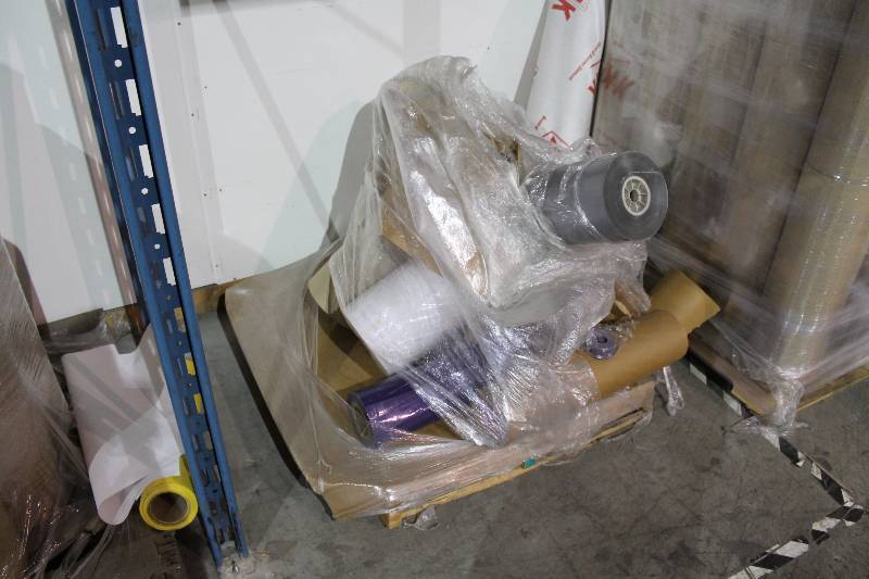 lot 58 image: Pallet Lot Including Shrink Wrap Rolls Paper Rolls.