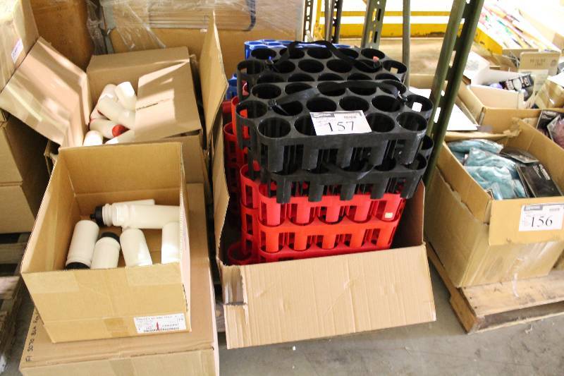 lot 157 image: Pallet Lot Including Plastic Cup Carriers wCarrying Strap Plastic Water Bottles wSport Lids.