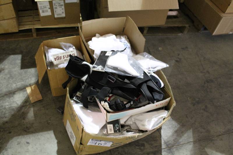 lot 167 image: Sports Lot Including Box of Sports Bras Box of Athletic Pants Box of Pelvic Protectors.