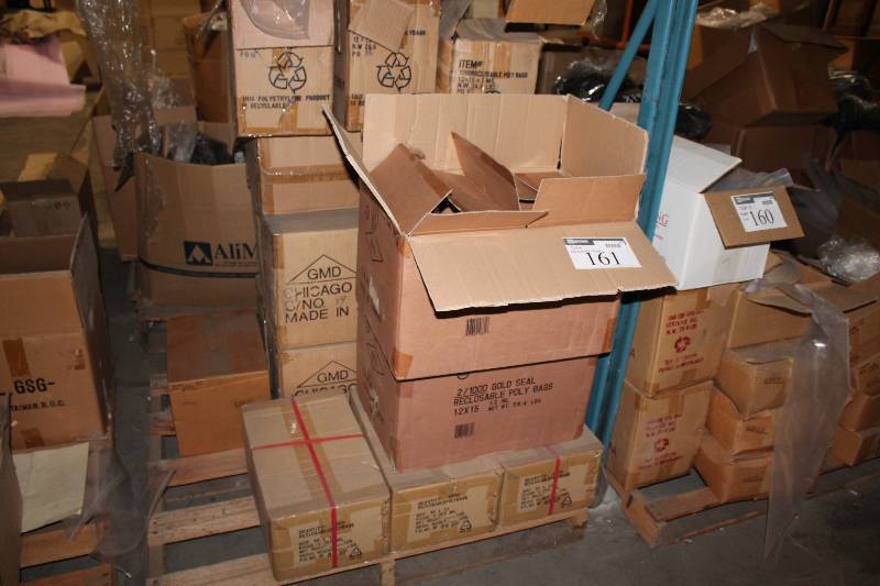 lot 161 image: Pallet Lot of Reclosable Poly Bags 10 x 13, 12 x 15 x 2 Mil, 12 x 12 x 2 MIL.