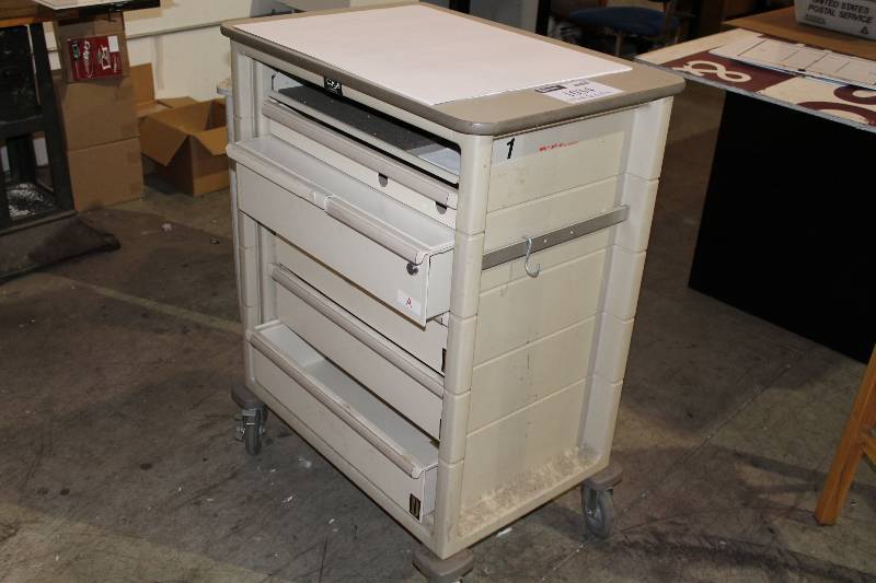 lot 1034 image: Cart wWork Top & Multiple Drawers Wheels 5 Drawers WhiteGray 21.5 x 32 x 41.5.