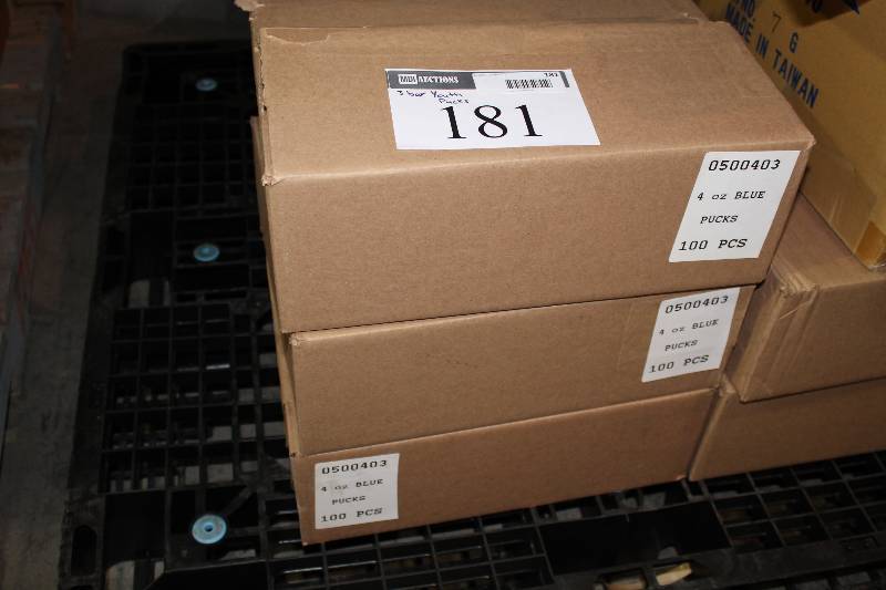 lot 181 image: Box Lot of (3) Youth 4 oz Blue Hockey Pucks 100pcsBox  app. 300 pcs. Total.