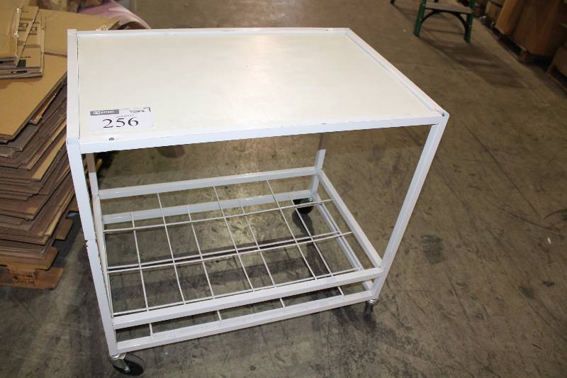 lot 256 image: Metal Rolling Shelf wLower Grate Shelf White Wheels 24 x 36 x 35.