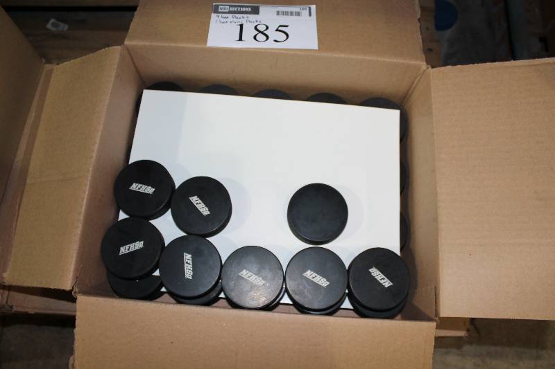 lot 185 image: Box Lot of (5) including Hockey Pucks (3) Mini Hockey Pucks (1).