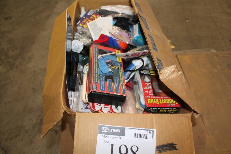 lot 198 image: Box Of Miscellaneous Sporting Goods Including Hockey Glove And More.