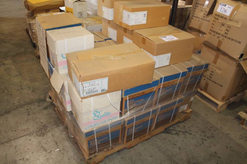 lot 124 image: Pallet Lot of Paper Including 3 x 5 Blank Gummed Pad Blank CBNLS Black 8.5 x 5.5 9.5 x 11 2-Ply And More.