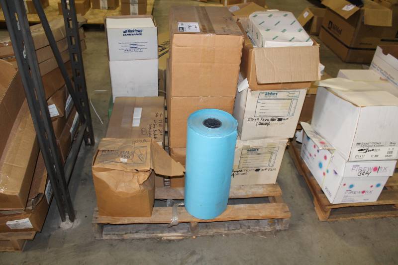lot 121 image: Pallet of Paper Including Roll of Blue Paper 8.5 x 11 #70 Natural White Vellum And More.