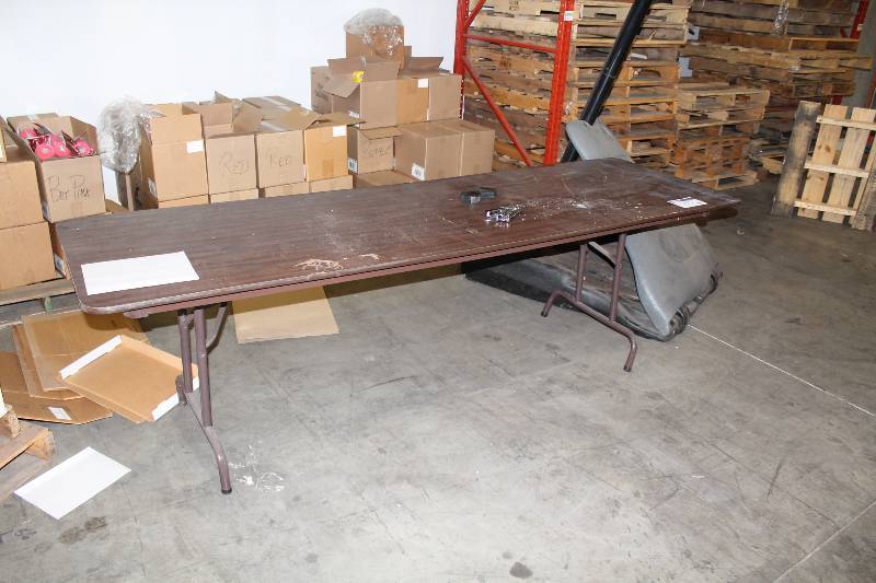 lot 115 image: Wood-Style Table wMetal Legs Folding 30 x 86 x 24.
