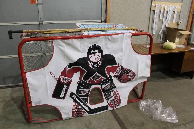 lot 12 image: Lot of (6) Including Hockey Sticks (3) Hockey Net wGoalie Skill Shot, 74 x 46 x 48 Jump Rope Indoor Hockey Ball.