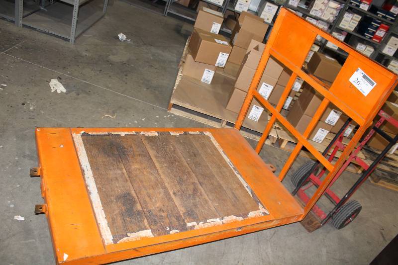 lot 26 image: Flat Dolly wWheels & Reinforced Wall & Push Bar Orange 64 x 36 x 50.