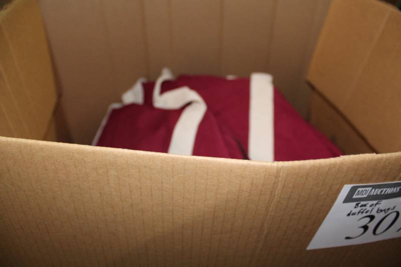 lot 307 image: Box Lot of MaroonRed Duffle Bags wCarrying Handle & Plastic Clasps.