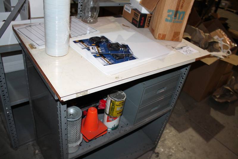 lot 958 image: Metal Work-Table wShelves & Drawers 2 Drawers 2 Shelves WhiteGray Includes Contents 28.5 x 38.5 x 41.