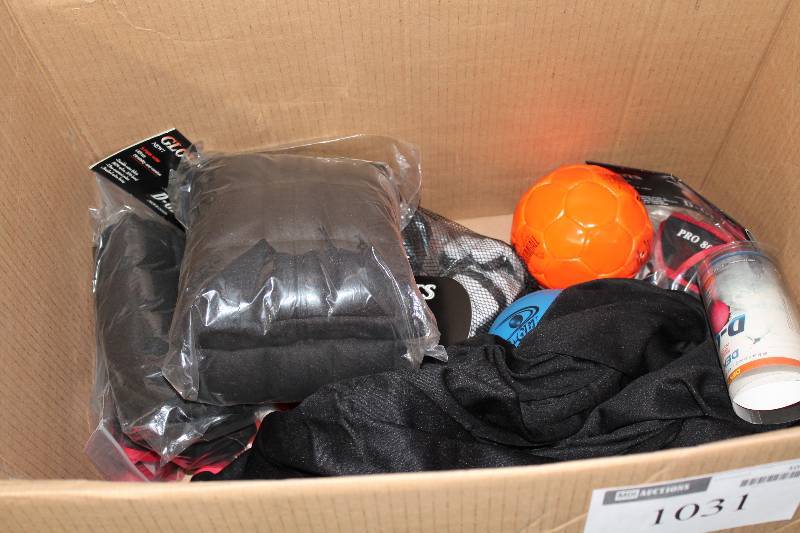 lot 1031 image: Box Lot Including Soccer Ball Protective Guards Deluxe Shin & Knee Protector And More.