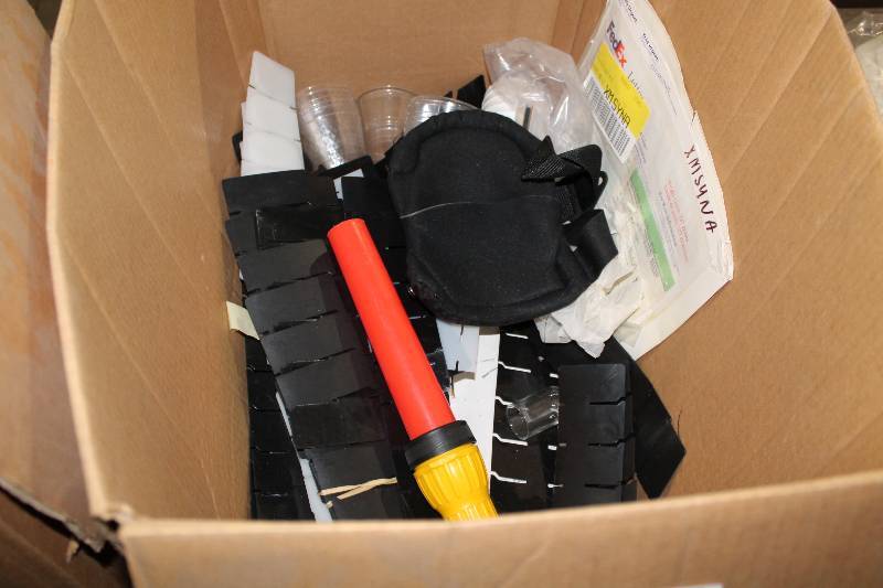 lot 1029 image: Box Lot Including Plastic Paint Trays Tote Coffee Filters Protective Guard And More.