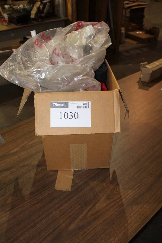 lot 1030 image: Box Lot Including YellowRed Plastic Flags Oscillating Fan Duke 2N1 Youth Protective Cup Tuff Sleeve And More.