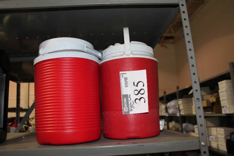 lot 385 image: Lot of (2) Plastic Water Coolers wSpout Red Handle & Lid 13 Height.