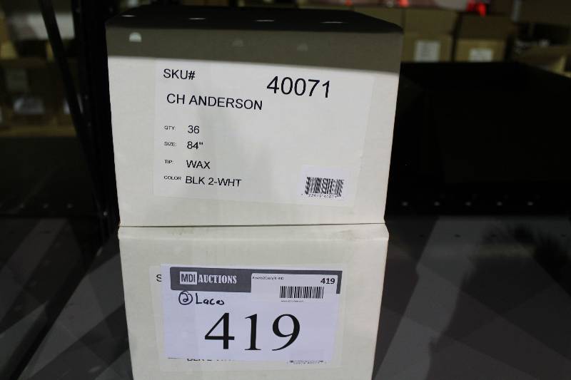 lot 419 image: Box Lot of (2) C.H.A. Hockey Laces 84 Wax Black 36perBox.