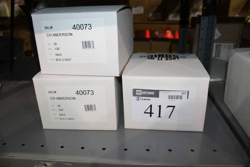 lot 417 image: Box Lot of (3) C.H.A. Hockey Laces 108 Wax Black 36perBox.